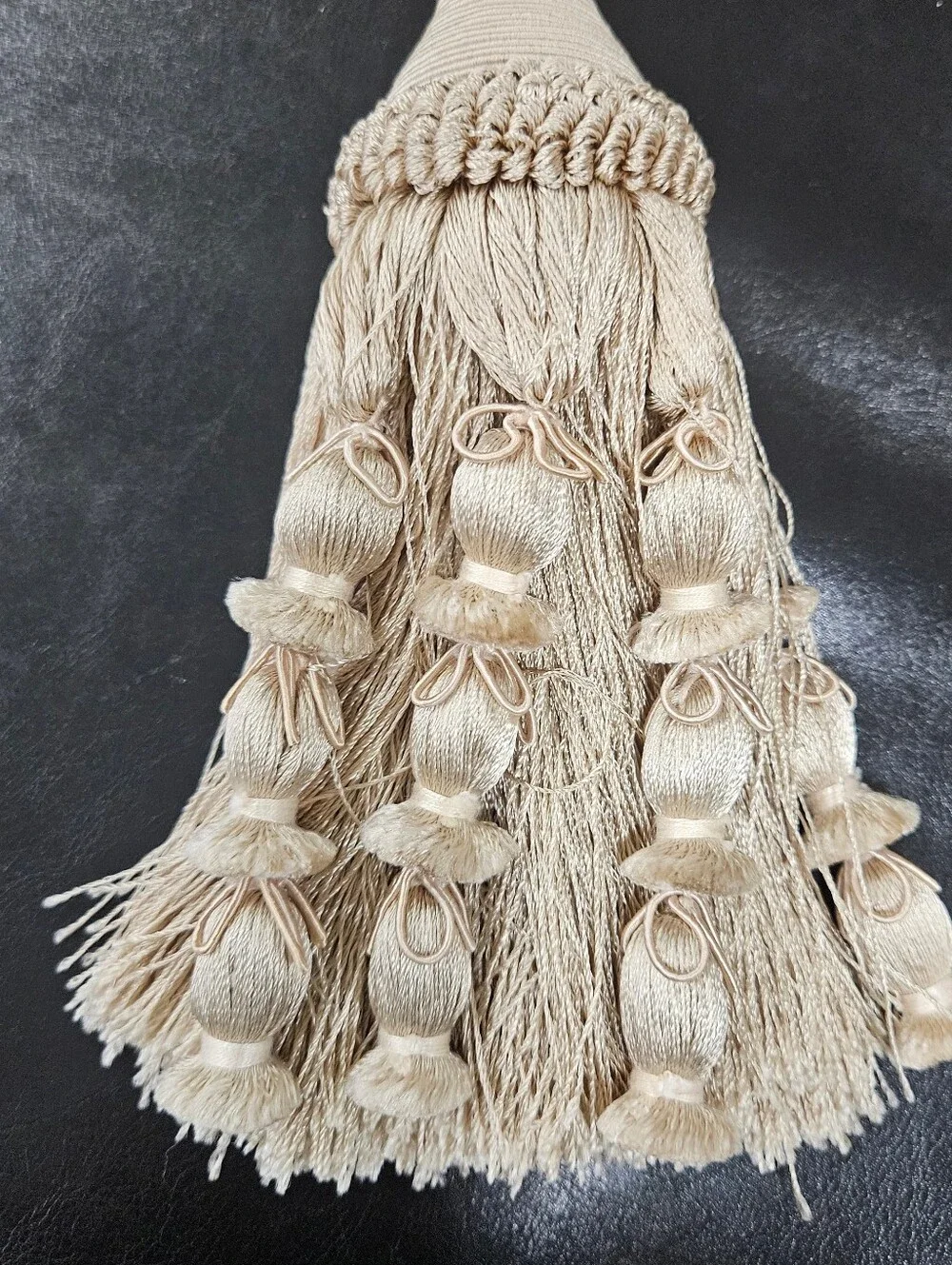 French Tassel Tiebacks PASSEMENTERIE Drape Curtain Braided Rope Tan Satin Sheen4